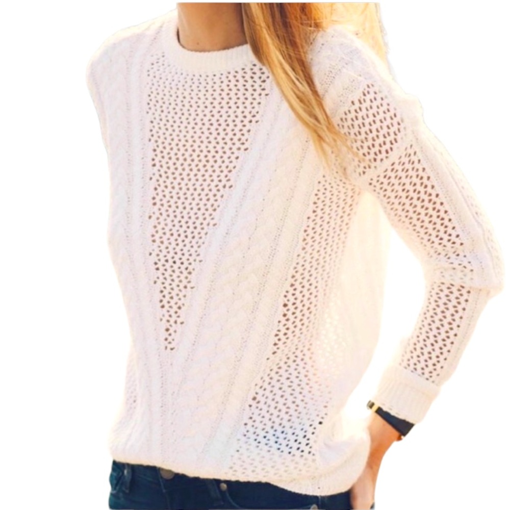 PAIGE long sleeve scoop neck knit crochet sweater merino polyester ivory large.